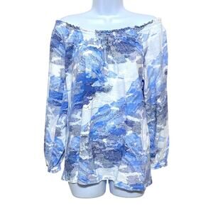 Style & Co Off Shoulder Blue White Blouse Top M Boho Peasant Artsy Flowy Comfy